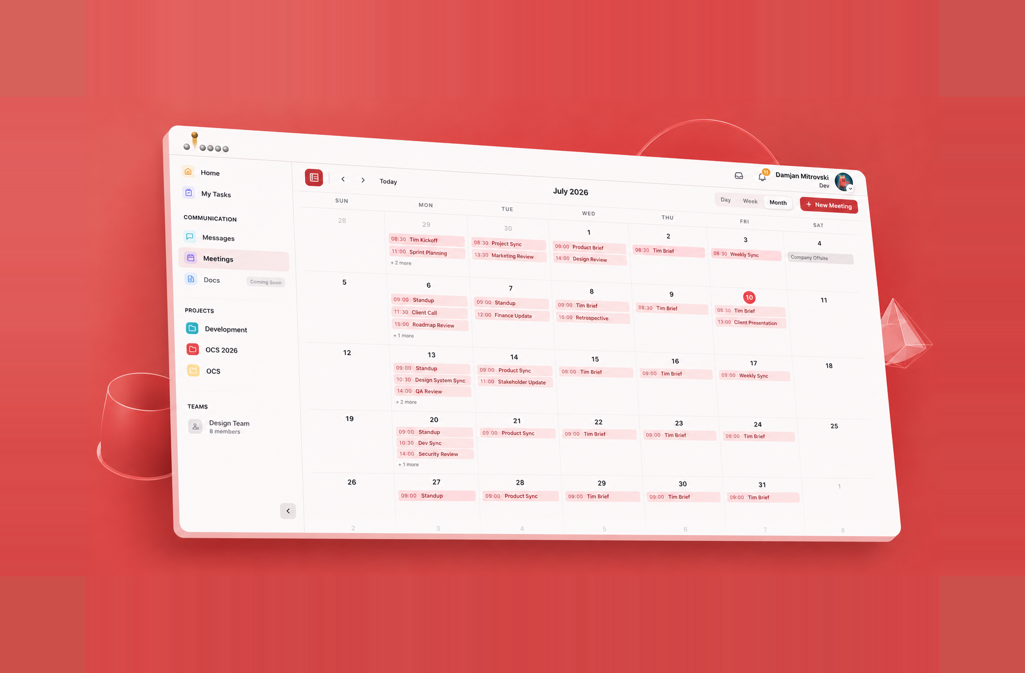 Monthly calendar view showing scheduled meetings across the workspace sidebar