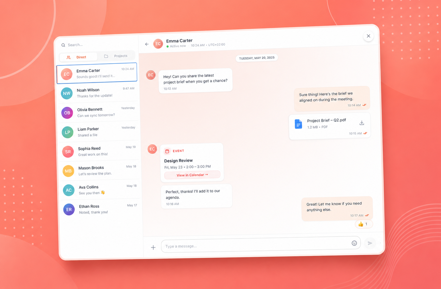 Direct message conversation with a shared file, meeting event card, and reactions