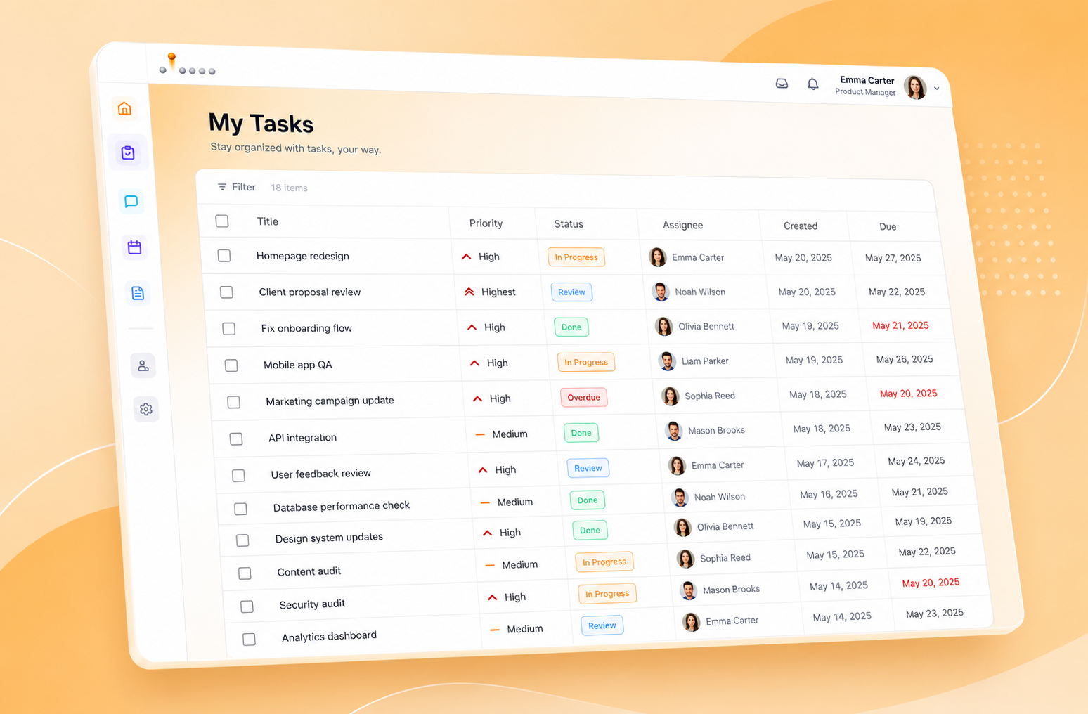 My Tasks list showing task title, priority, status, assignee and due date