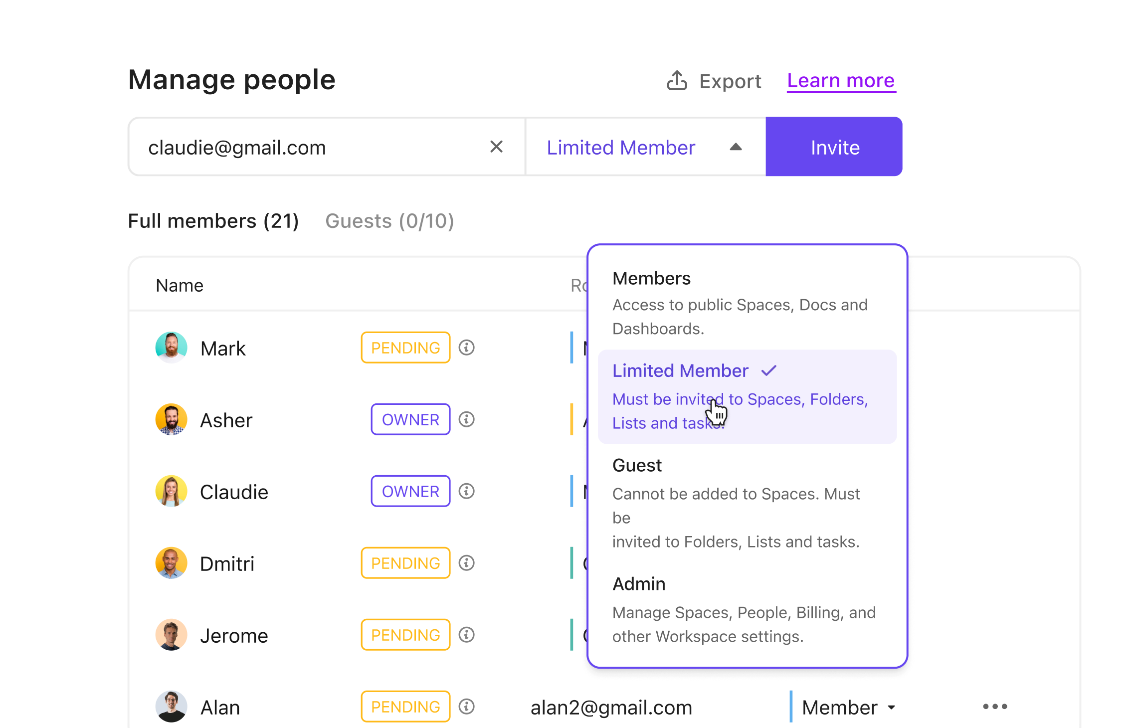 Guests and permissions view
